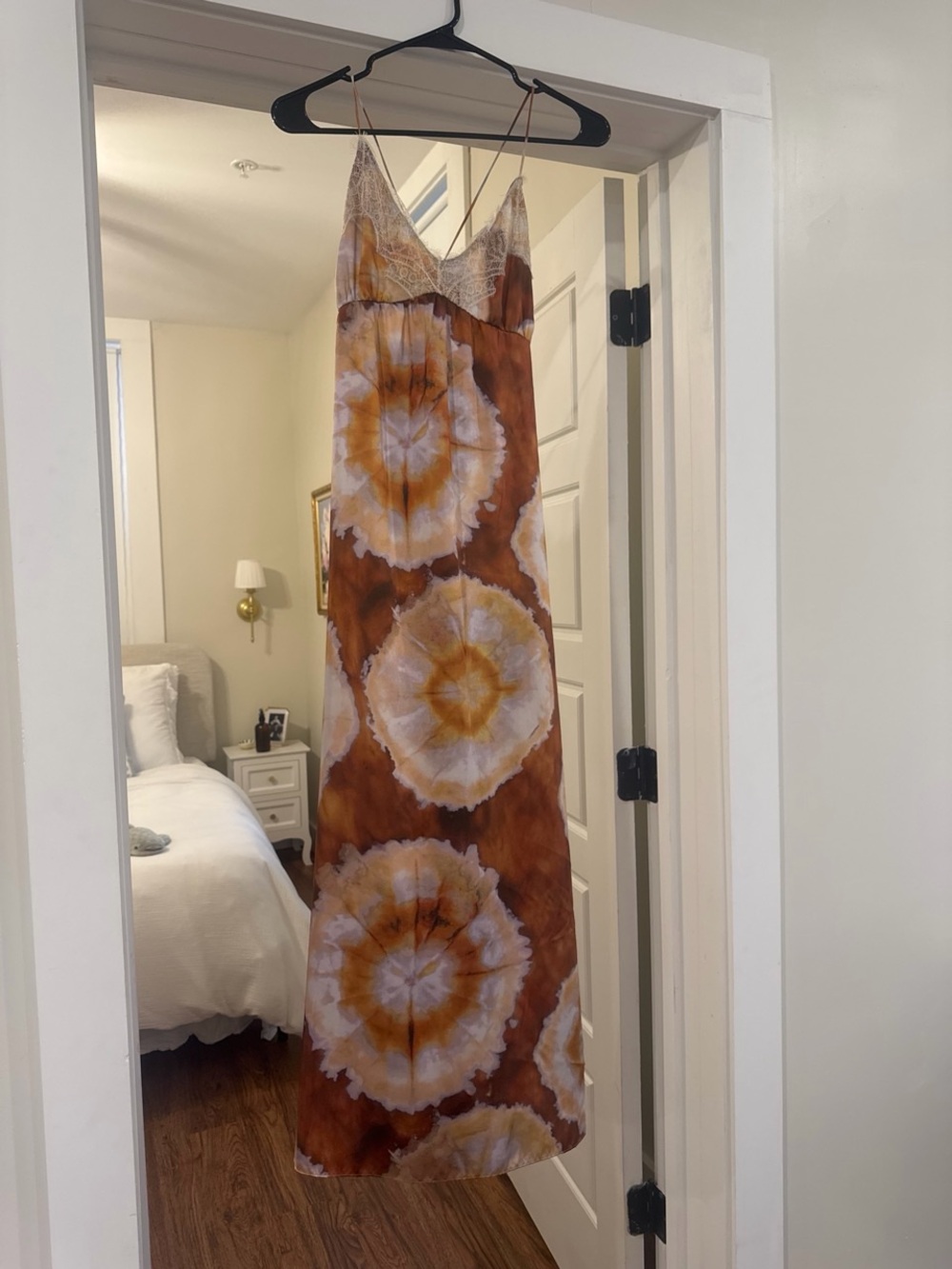 Tie-Dye Maxi Slip Dress with Spaghetti Straps in Brown and Cream